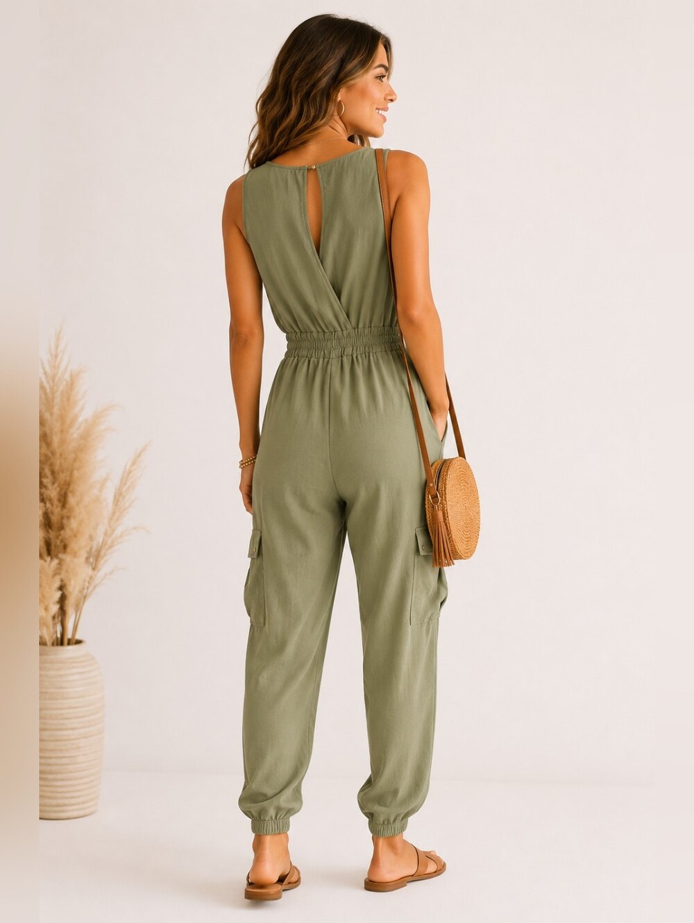 As U Wish Juniors Army Olive Green One Piece Cargo Lounge Jogger Jumpsuit Size M - Picture 2 of 11